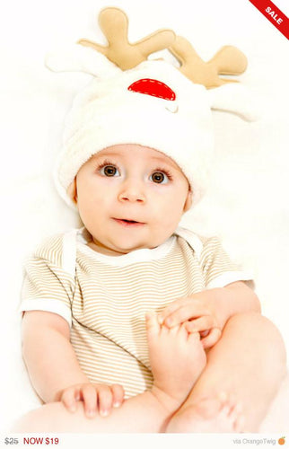bache -  White Fur Knit Baby Hat with Bunny Ears and Brown Antlers